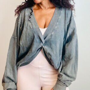 Oversized Front Knot Acid Wash Sweater